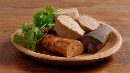 Assorted mock meats, soy protein, plant based, vegan, vegetarian, wooden plate, fresh cilantro garnish
