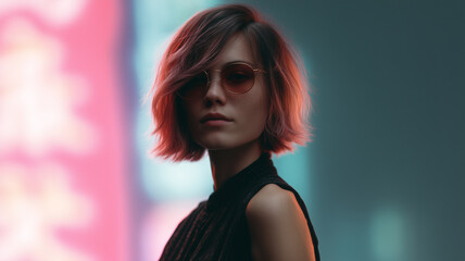 Female model with short pink hair and sunglasses, moody urban night, neon light, confident expression