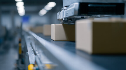 Automated packaging robot sorting cardboard box on conveyor belt in warehouse, efficient and modern technology