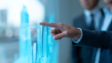Business professionals analyzing real estate investment data on digital screen, futuristic technology, focus, teamwork