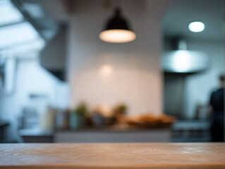 Wooden countertop, blurred kitchen, soft lighting, modern interior, cozy, food preparation area, empty space