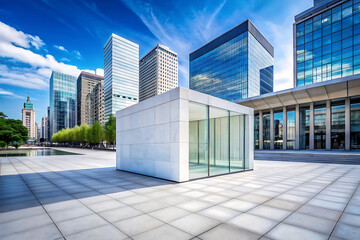 Fototapeta premium Modern glass pavilion in a city square with tall buildings
