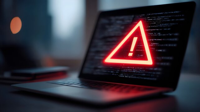 A laptop displaying a warning sign against a dark background, symbolizing cybersecurity threats and digital risks.