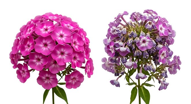 Vibrant Pink Phlox Bloom Beside Fading Purple Flowers on White Background
