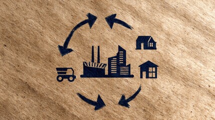 Illustration of a sustainable industry cycle with buildings, vehicles, and homes on a textured background