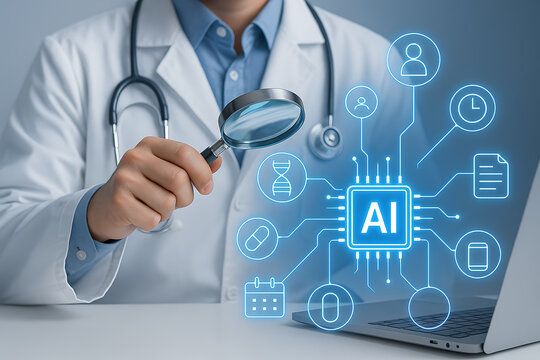 Doctor analyzing medical artificial intelligence network with digital icons of healthcare diagnostics and magnifying glass exploring ai data interface on laptop screen
