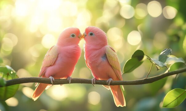 Valentine's Day photo of two pink love birds kissing on a tree branch on a sunny day in a tropical rainforest, symbolizing love and nature, Generative AI - Powered by Adobe