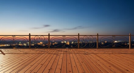 Elevated wooden deck with ornate railing overlooking a city at twilight vista