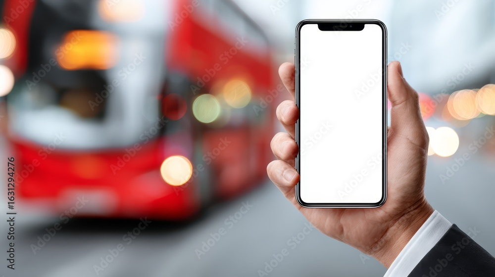 Poster anonymous individual holding a modern smartphone with blank white screen, mockup concept for digital