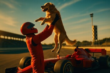 A joyful race car driver in a red suit lifts a golden retriever against the backdrop of a racetrack, showcasing a bond of happiness and excitement.