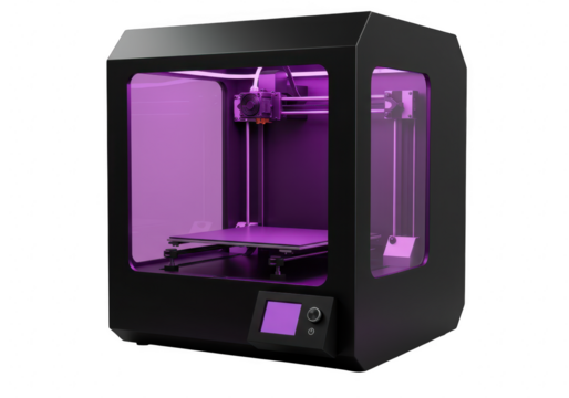 A modern 3d printer with a sleek black exterior and purple interior lighting, showcasing advanced technology for digital fabrication and rapid prototyping isolated on transparent background
