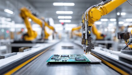 A horizontal macro frame of a PCB moving along a conveyor belt while a robotic arm performs real-time component placement.