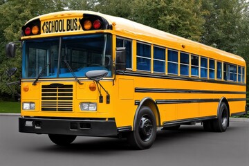 A yellow school bus parked outdoors on a paved road with trees in the background