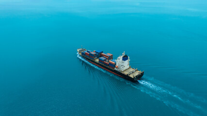 Aerial view of the freight shipping transport system cargo ship container. international...