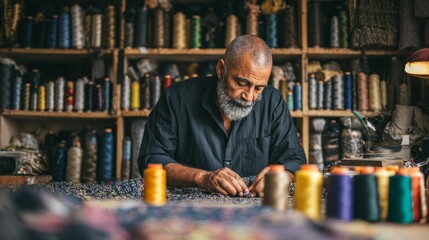 A skilled artisan carefully crafts colorful fabric by hand