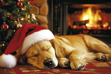 Golden retriever dog in santa claus hat near fireplace in room, christmas atmosphere