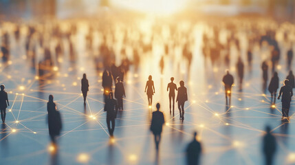 Silhouettes of people walking on a network glowing lines background sunlit scene