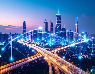Obraz premium Futuristic cityscape at night, interconnected by digital network
