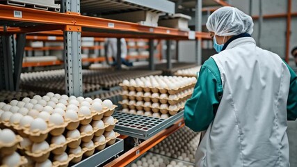 Contaminated eggs concept ,Efficient worker conducts inspection of egg cartons storage facility, ensuring quality and safety - Powered by Adobe