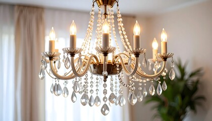 Elegant crystal chandelier with lit candle-style bulbs hangs in a room