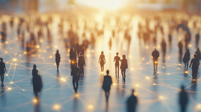 Silhouettes of people walking on a network glowing lines background sunlit scene
