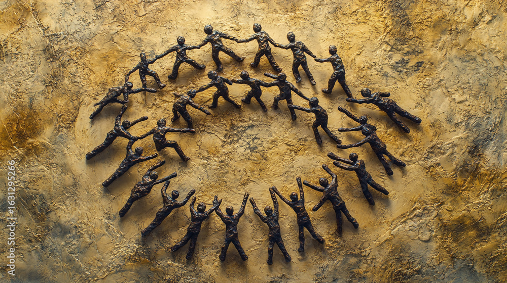 Aufkleber figures holding hands in a circle on a textured background a symbolic representation of unity and te