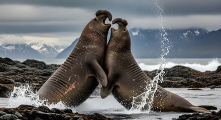 Slow motion of Male southern elephant seal (mirounga leonina) fighting each other, South Georgia and the Sandwich Islands, Antarctica.
