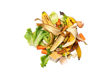 Pile of organic food scraps including banana peels and lettuce isolated on transparent background