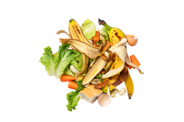 Pile of organic food scraps including banana peels and lettuce isolated on transparent background