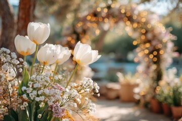 Beautiful White Tulips Surrounded by Colorful Wildflowers with Soft Bokeh Background at a Charming Outdoor Venue in Springtime