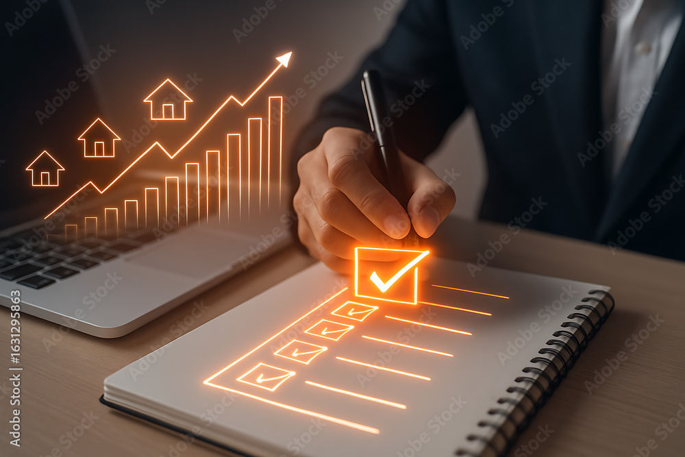 Poster hand marking checklist on notepad with glowing housing growth graph rising bars and futuristic virtu