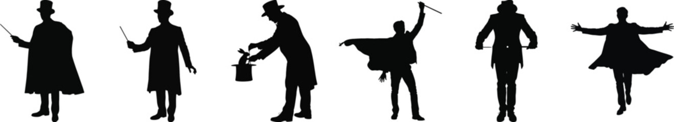 Magician silhouette vector collection with magic wand, hat, and cape performing various tricks and illusions