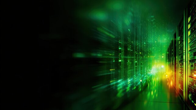 Futuristic data center with glowing servers and vibrant green lights creating a dynamic atmosphere