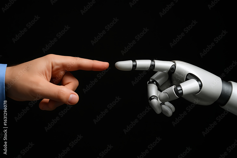 Poster human hand reaching to robotic hand symbolizing futuristic artificial intelligence and technology in