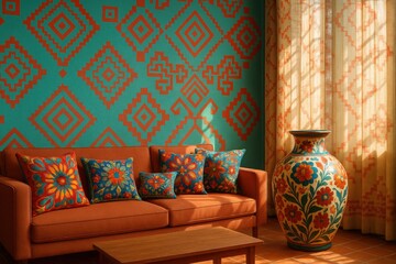 A vibrant living room featuring a turquoise wall adorned with intricate patterns, a cozy orange sofa, colorful cushions, and a decorative floral vase.