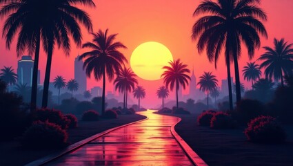 Naklejka premium Vibrant Sunset Over Palm Tree Lined Coastal Highway