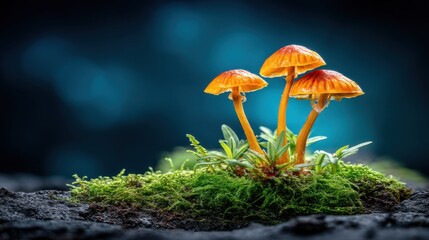 Bright orange mushrooms growing on mossy ground in a dark forest setting