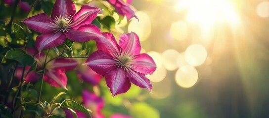 Sunlit garden featuring stunning clematis flowers. 