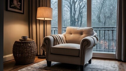 Fototapeta premium Cozy reading nook with a warm armchair and glowing lamp by a rainy window, creating a tranquil home interior ideal for comfort, relaxation, and peaceful ambience