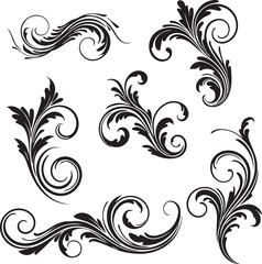 Ornate Black Flourish Swirls and Filigree Decorative Elements on White Background scroll
