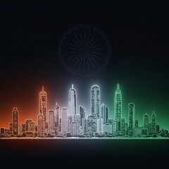 Futuristic Indian City Skyline at Night with Tricolor Neon and Ashoka Chakra Stars
