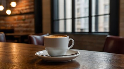 Steaming cup of coffee resting on a table, capturing a simple yet cozy moment perfect for mornings, relaxation, and lifestyle themes with warm, inviting ambience