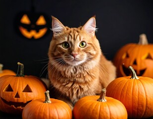 Fluffy ginger cat sits amid carved pumpkins on dark background, Halloween theme