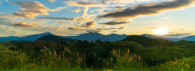 Banner Beautiful Mountain landscape foggy mountain green landscape morning sunrise. Amazing...