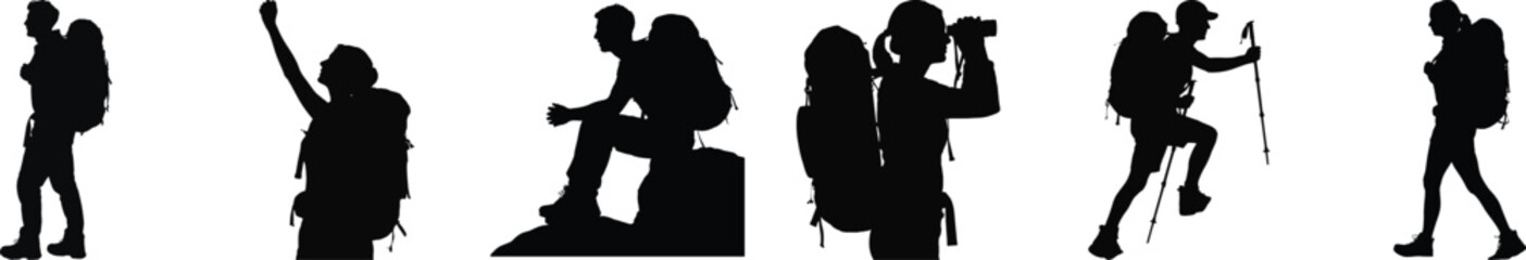 Hiker silhouette vector set with backpack, trekking pole, and mountain poses isolated on white background