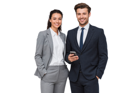 Smiling young businessman holding a smartphone standing with a businesswoman. Confident and stylish business team portrait, isolated on transparent background