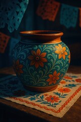 A beautifully crafted ceramic pot with vibrant floral patterns, resting on an intricately designed tablecloth, showcasing traditional artistry and cultural heritage.