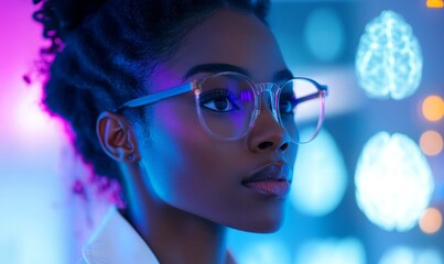 Black female doctor analysing AI hologram of neurological medical brain scans for cancer detection and mental illness research. The scene emphasizes the intersection of AI technology, Generative AI