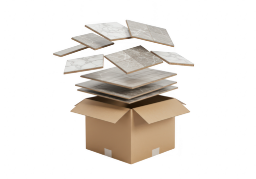Stack of tiles floating out of an open cardboard box isolated on transparent background