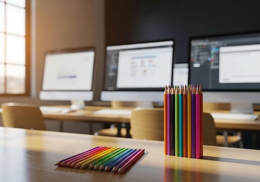 A desk with computers and colored pencils in an office space with natural light coming from a window